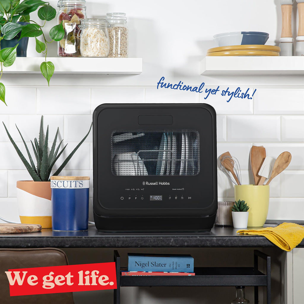 Russell Hobbs Mini Dishwasher Compact Table Top Black 2 Place Setting Dishwasher, LED Touch Control, 4 Programmes, Portable & Efficient, Baby Care, Fruit Wash & Eco Mode, No Plumbing, RH2TTDW101B