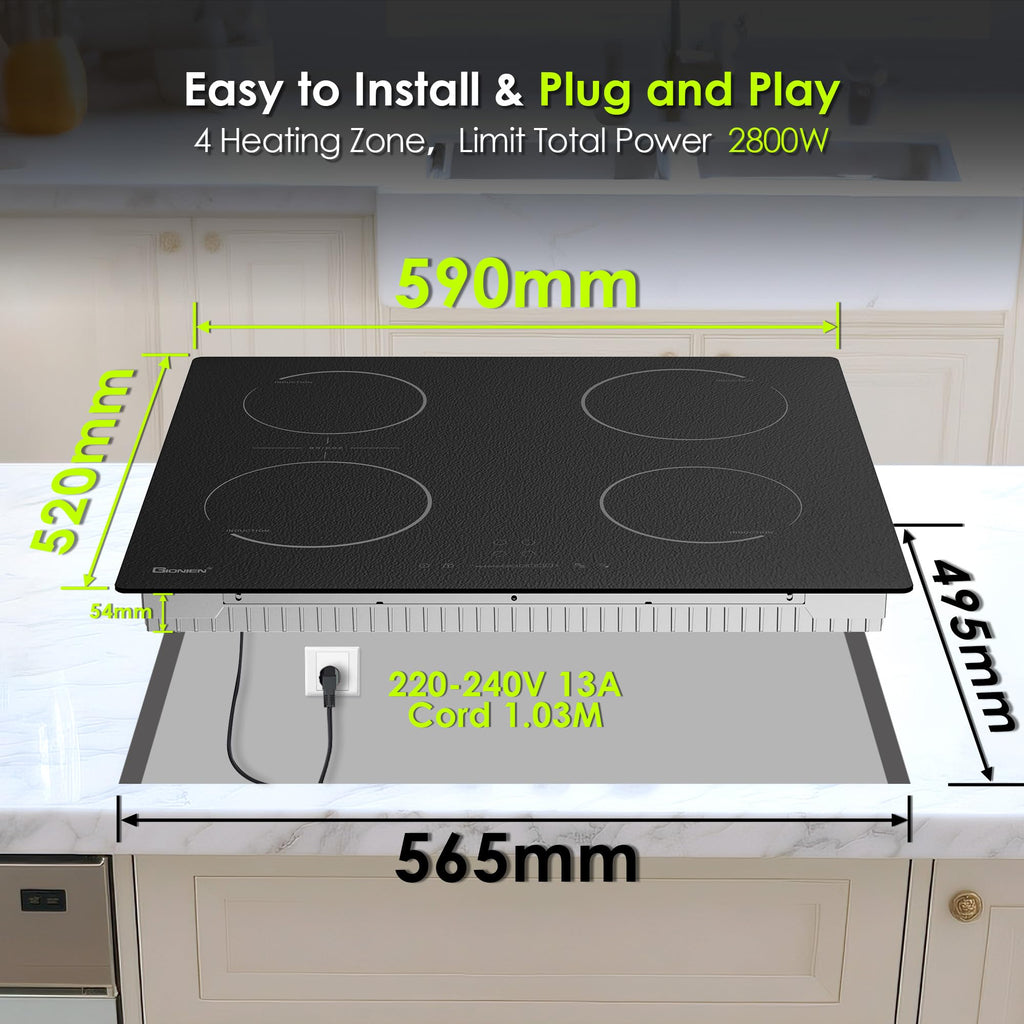 GlONlEN Plug-in Induction Hob 13 Amp 2800W,60cm Integrated Electric Cooktop with Bridge Zone, 4 Cooking Rings Cooker GIT470SP,Drop-in Ranges
