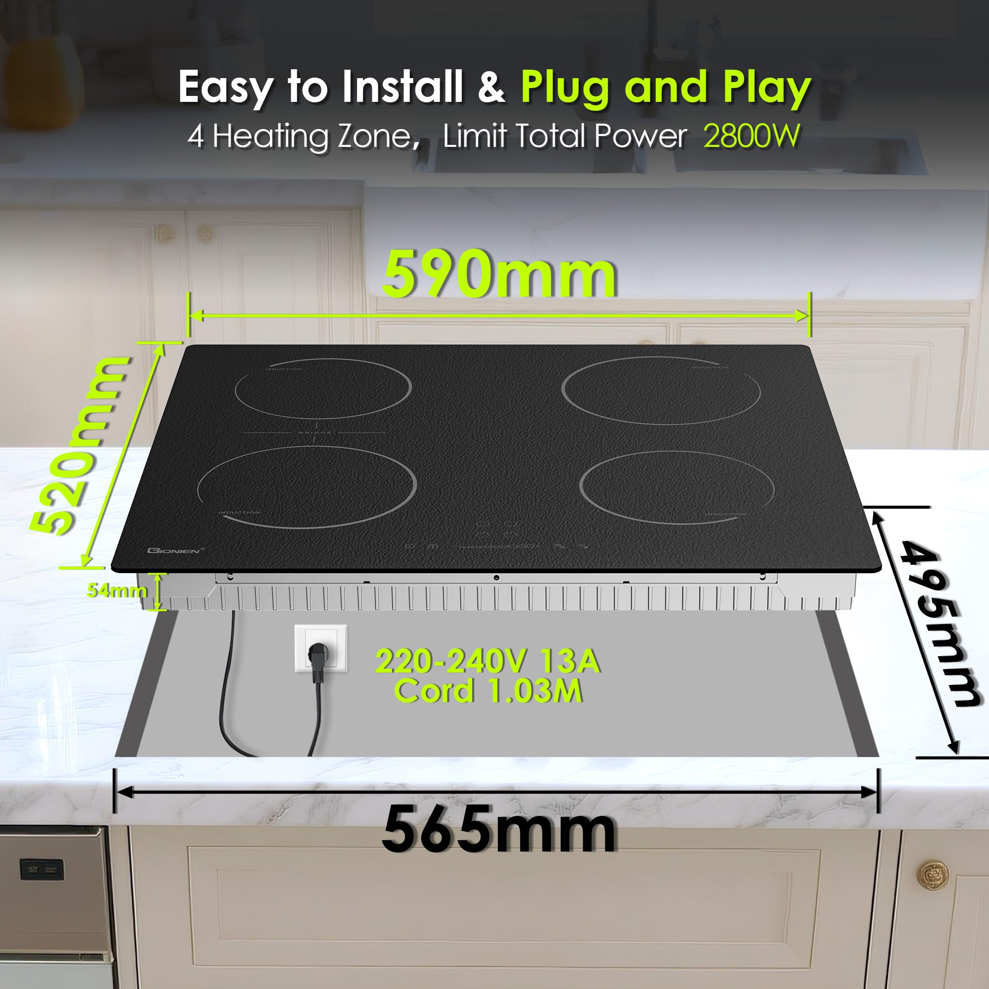 GlONlEN Plug-in Induction Hob 13 Amp 2800W,60cm Integrated Electric Cooktop with Bridge Zone, 4 Cooking Rings Cooker GIT470SP,Drop-in Ranges