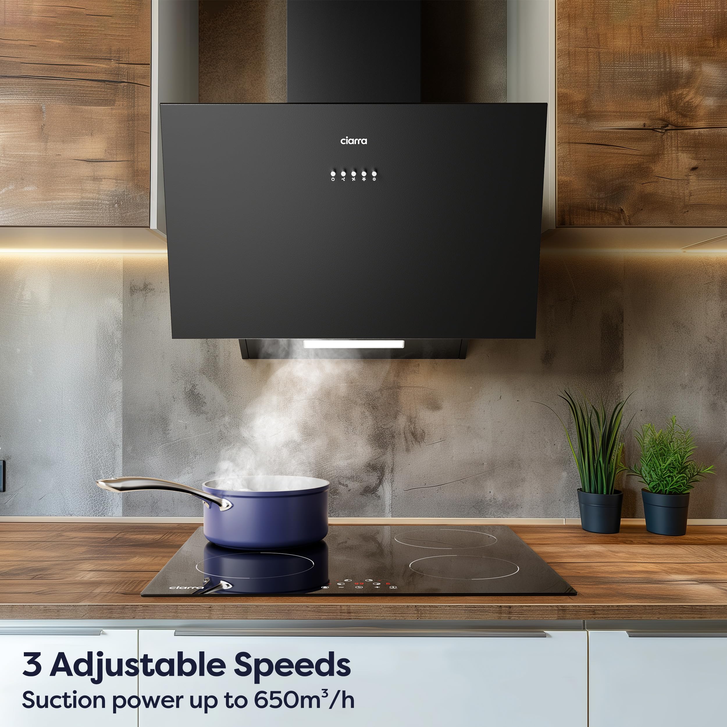 CIARRA CBCS6762A Angled Cooker Hood 60cm with CBCF003 Carbon Filters 650m³/h Head-Free Chimney Vent Hood with LED Lights Ducting&Recirculating Kitchen Extractor Fan