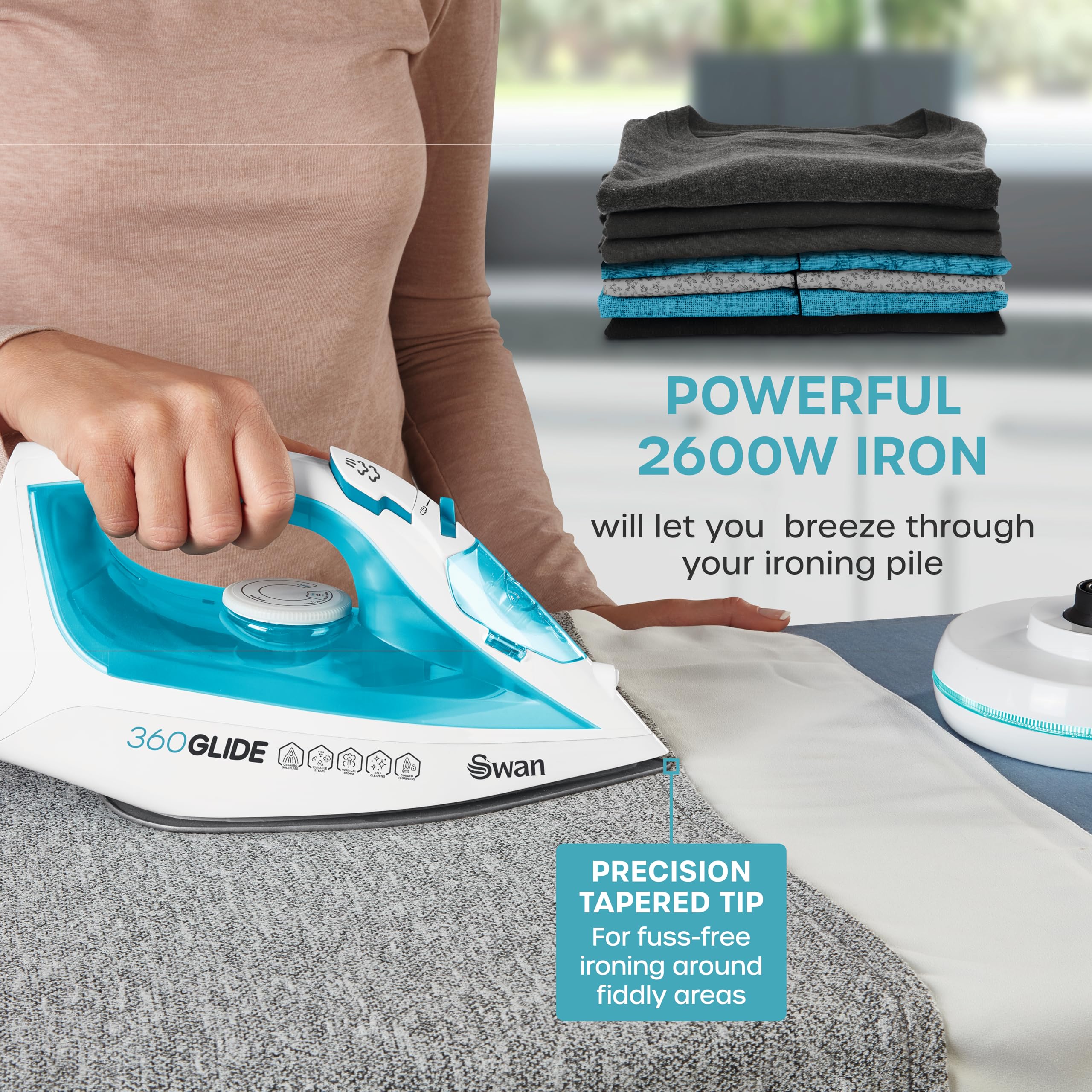 Swan SI16410N 2-in-1 Cord or Cordless Steam Press Iron, Non-Stick Ceramic Soleplate, 2800W, Blue