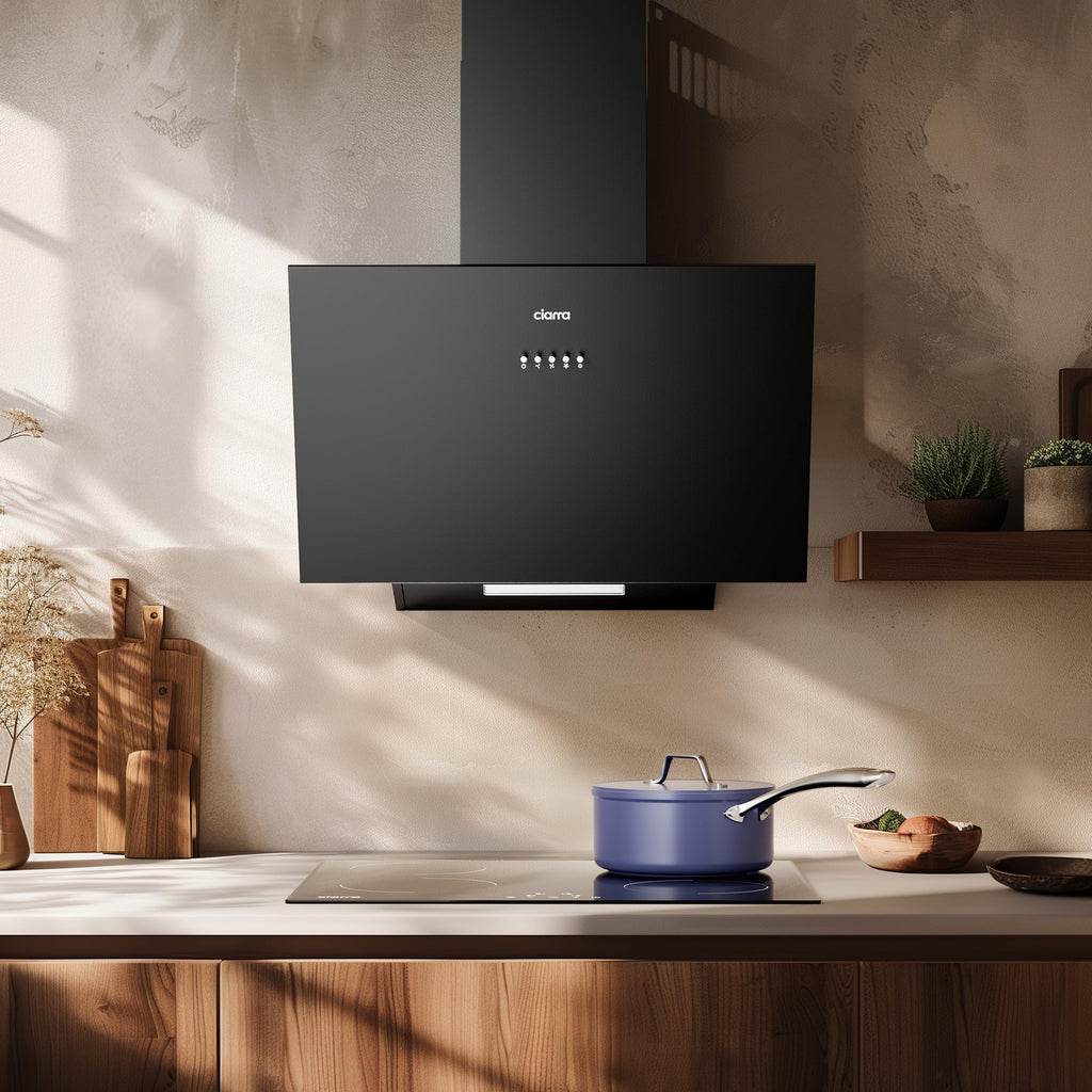 CIARRA CBCS6762A Angled Cooker Hood 60cm with CBCF003 Carbon Filters 650m³/h Head-Free Chimney Vent Hood with LED Lights Ducting&Recirculating Kitchen Extractor Fan